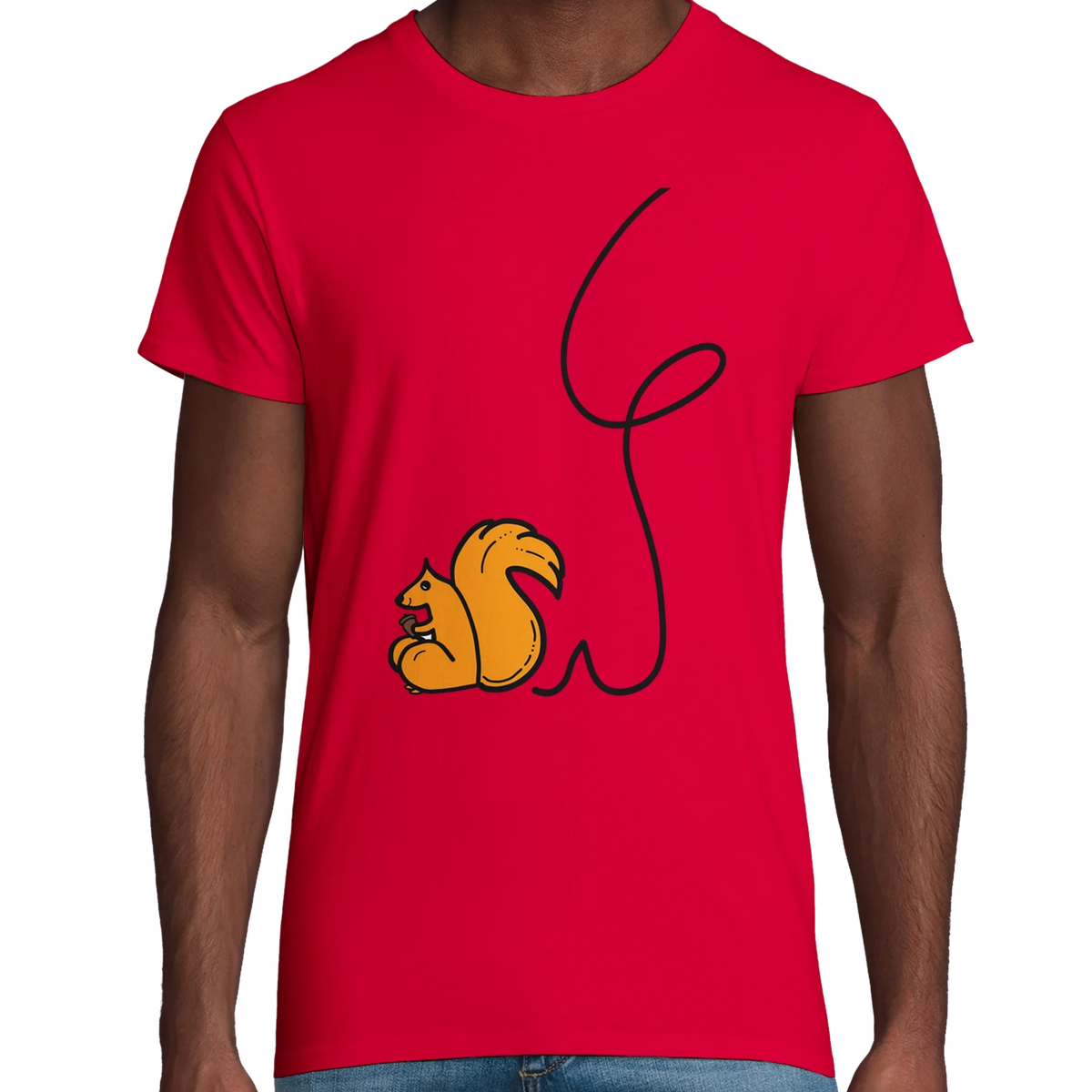 Red organic cotton adult t-shirt with red squirrel graphic and black line art