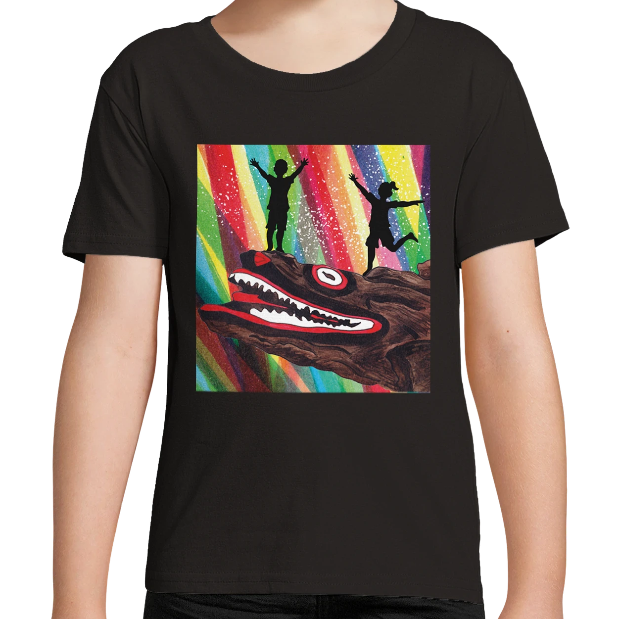 Black Organic Mllport Crocodile Rock Rainbow Kids T-Shirt UK | Hand-drawn in Scotland