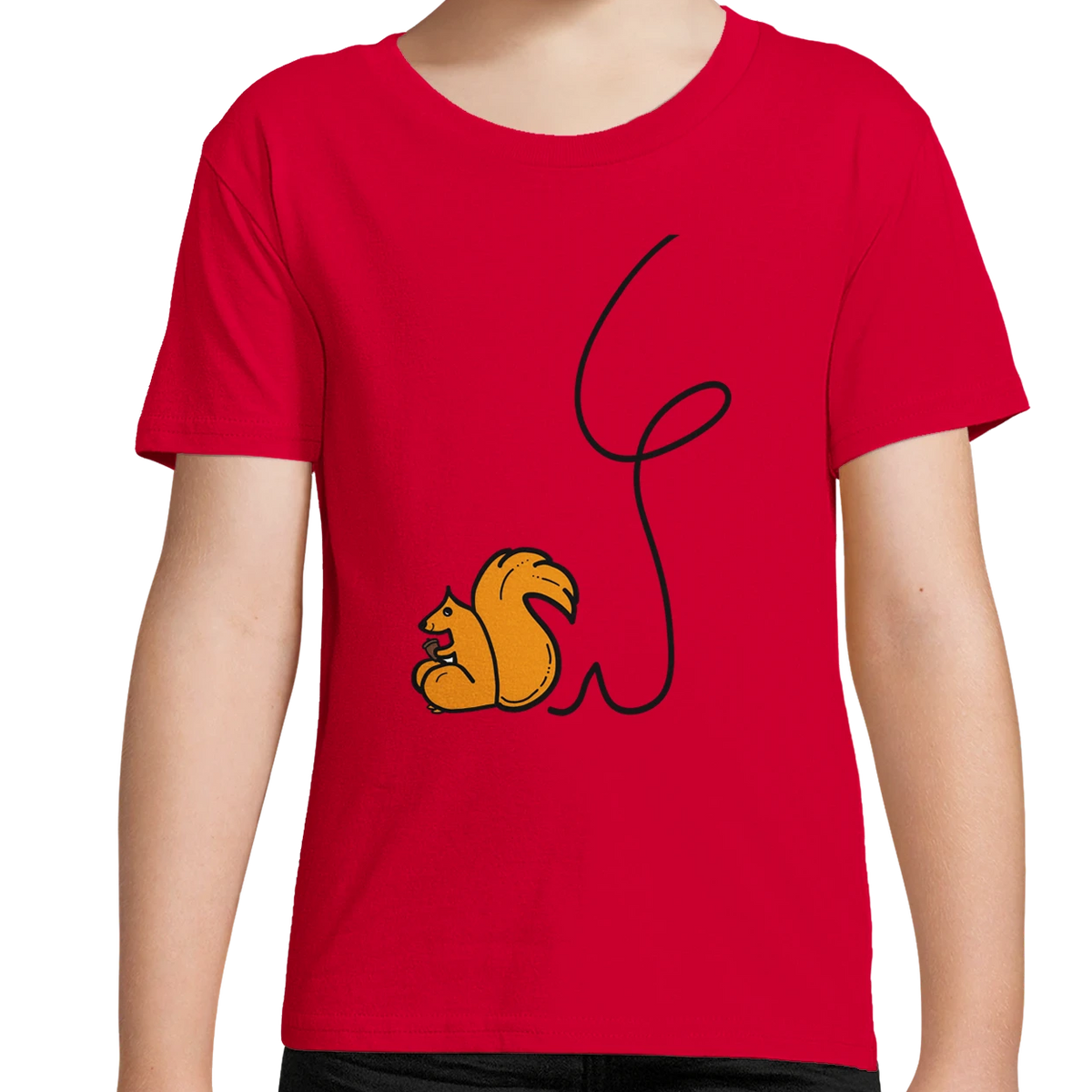 Kids organic cotton T-shirt, red with squirrel graphic and black line art