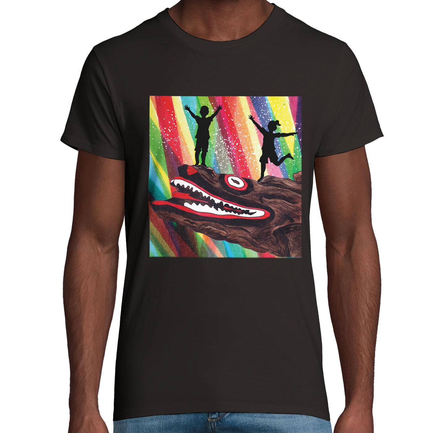 Black Organic Mllport Crocodile Rock Rainbow Adult T-Shirt UK | Hand-drawn in Scotland