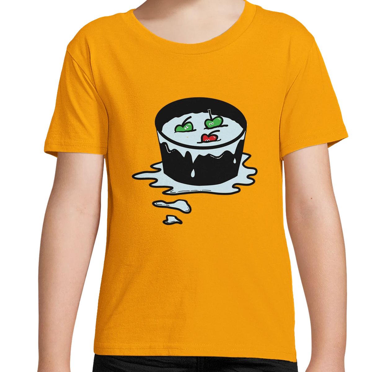 Kids organic cotton T-shirt in bright orange with cartoon pizza-slice graphic front for Halloween