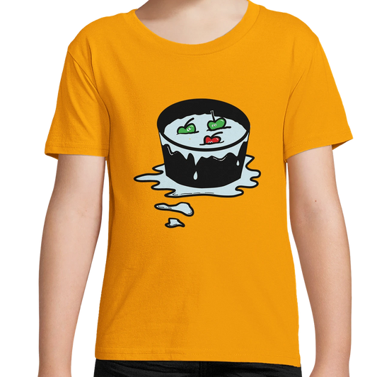 Kids organic cotton T-shirt in bright orange with cartoon pizza-slice graphic front for Halloween