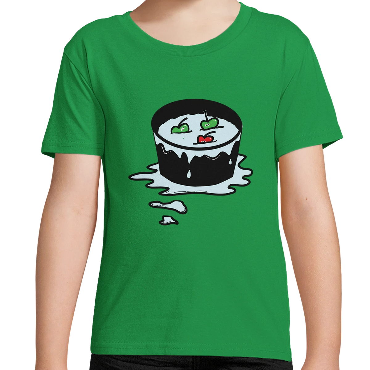 Kids organic cotton T-shirt in green with cartoon pizza-slice graphic on front for Halloween