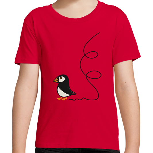Kids organic cotton T-shirt, ladybird red with puffin and black line graphic - Bold Beasties collection