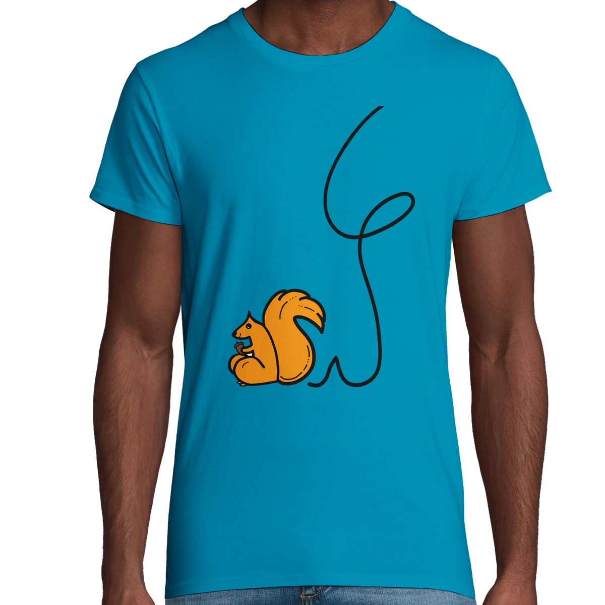 Blue organic cotton adult t-shirt with red squirrel graphic and black line art