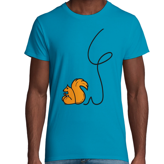 Blue organic cotton adult t-shirt with red squirrel graphic and black line art
