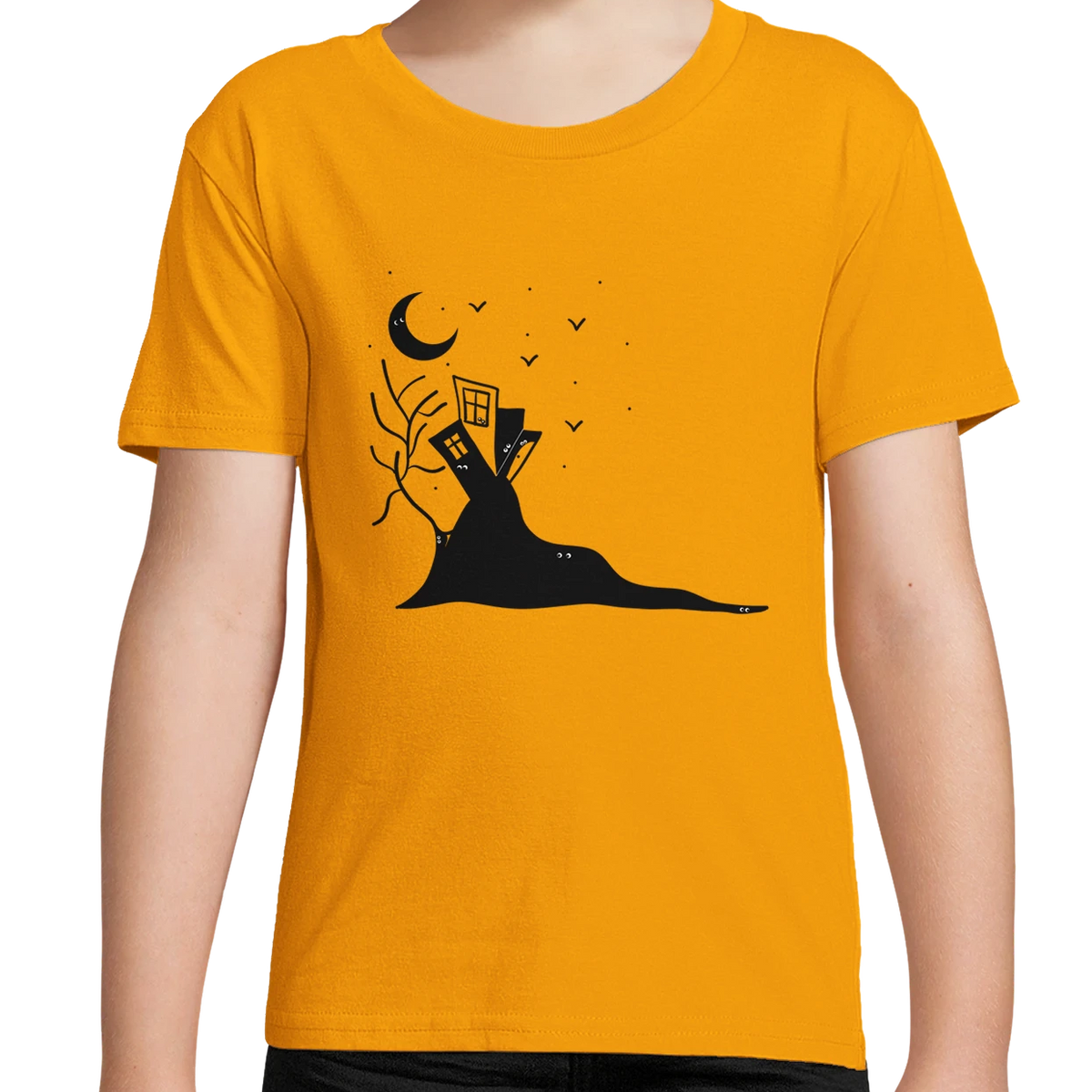 Kids organic cotton T-shirt, sunshine yellow with black moon-and-castle hand graphic for Halloween