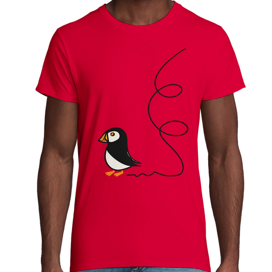 Red organic cotton adult t-shirt with puffin graphic and black line art - Bold Beasties collection