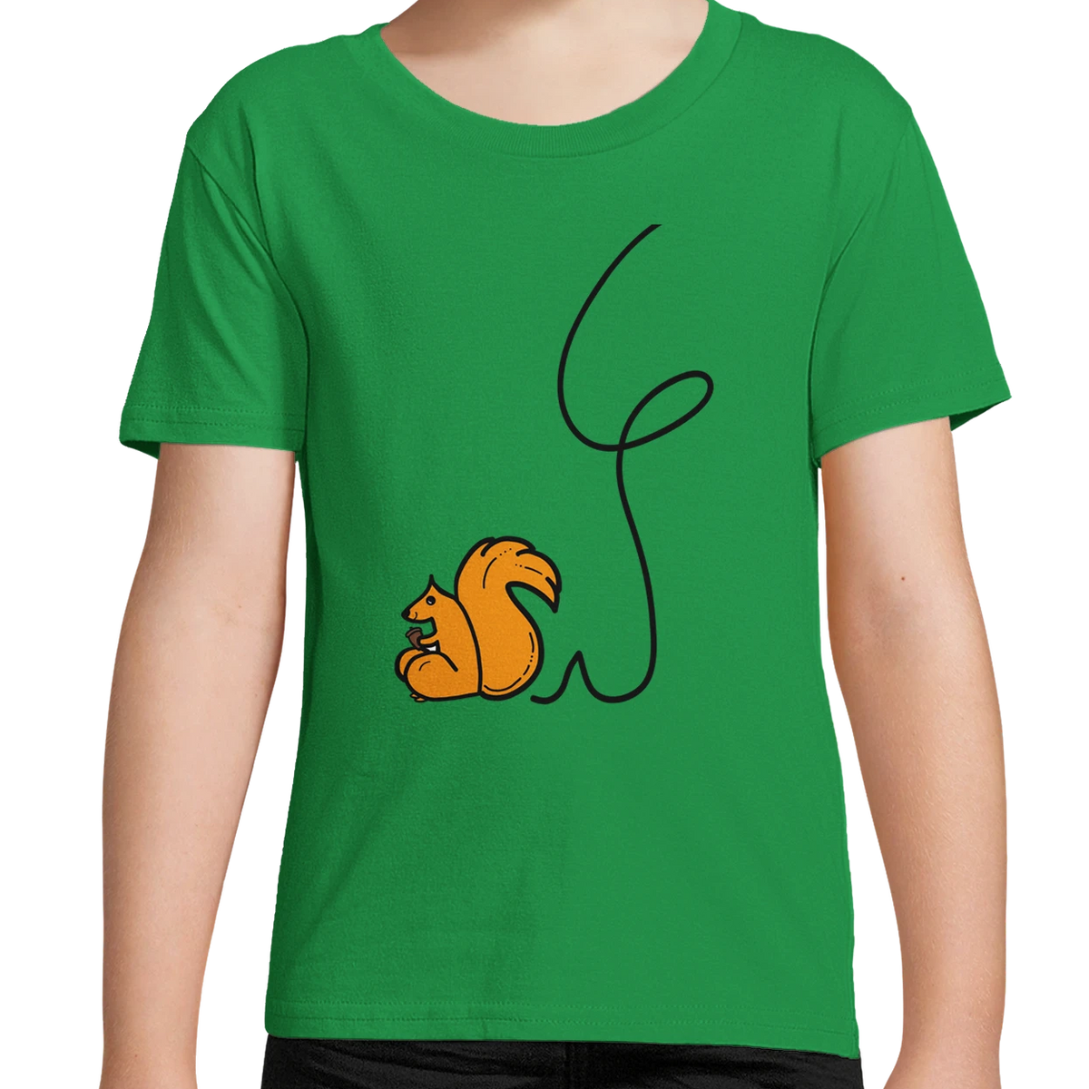 Kids organic cotton T-shirt, grass green with squirrel graphic and black line art