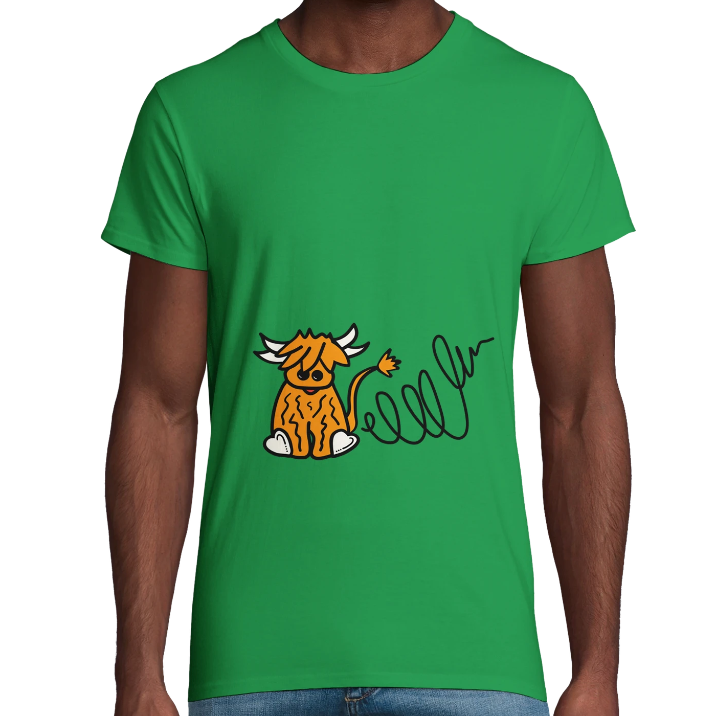 Green Organic Highland Cow Adult T-Shirt UK | Hand-Drawn in Scotland