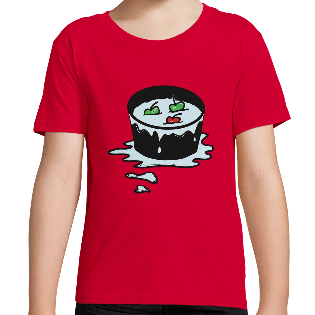Kids organic cotton T-shirt in red with cartoon pizza-slice graphic on front for Halloween