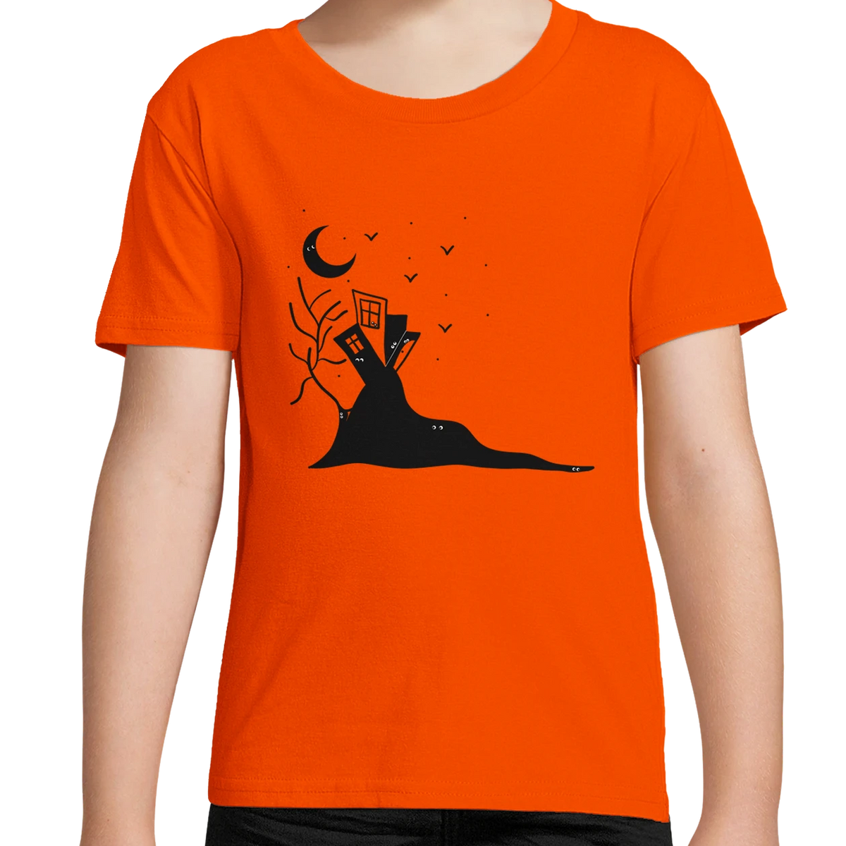 Kids organic cotton T-shirt, juicy orange with black moon-and-castle hand graphic for Halloween