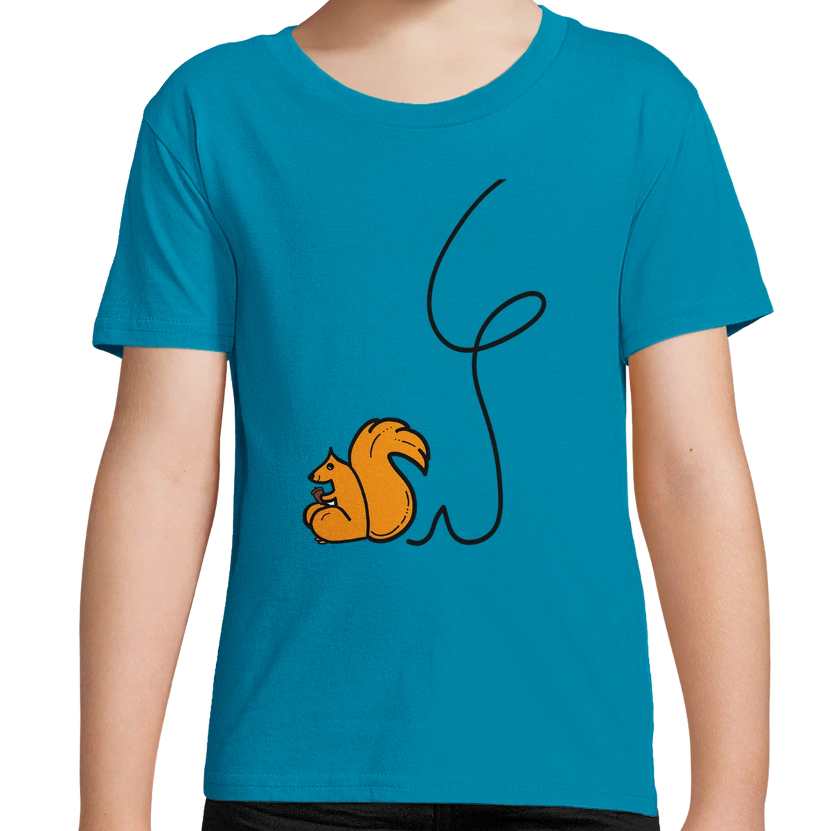 Kids organic cotton T-shirt, sky blue with squirrel graphic and black line art