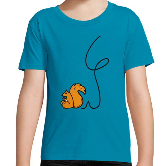 Kids organic cotton T-shirt, sky blue with squirrel graphic and black line art