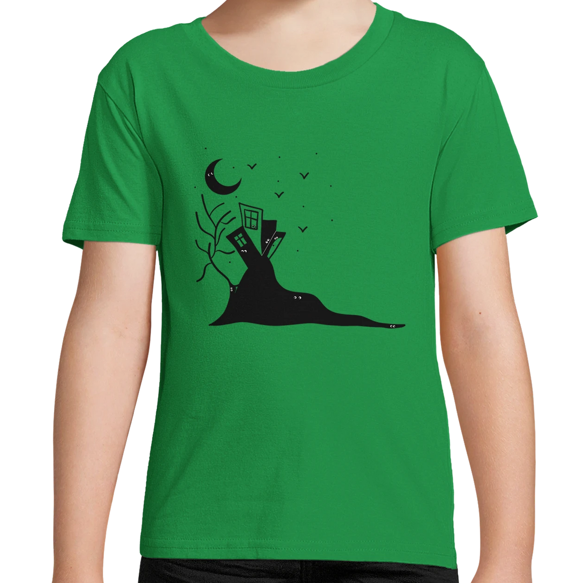 Kids organic cotton T-shirt, grass green with black moon-and-castle hand graphic for Halloween