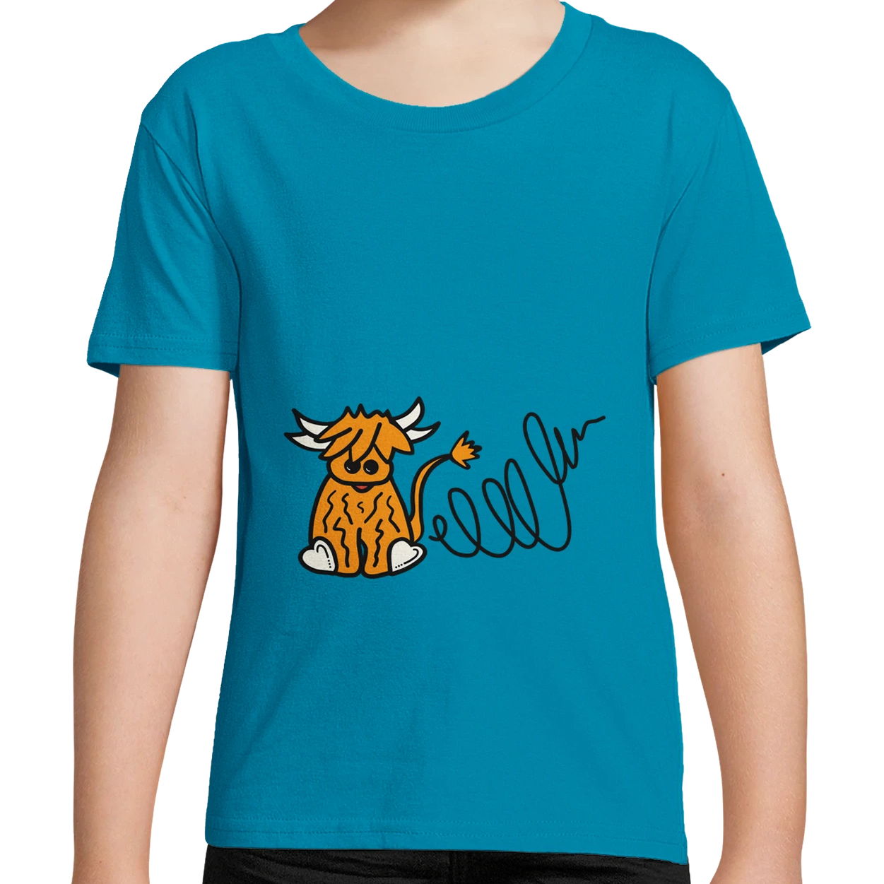 Blue Organic Highland Cow Kids T-Shirt UK | Hand-drawn in Scotland