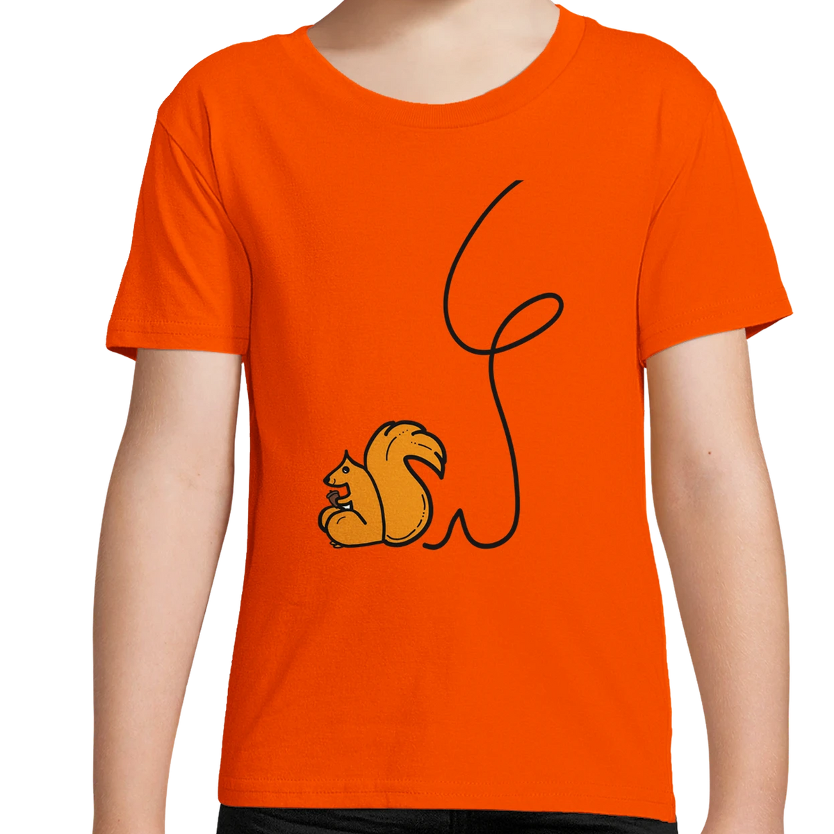 Kids organic cotton T-shirt, orange with squirrel graphic and black line art
