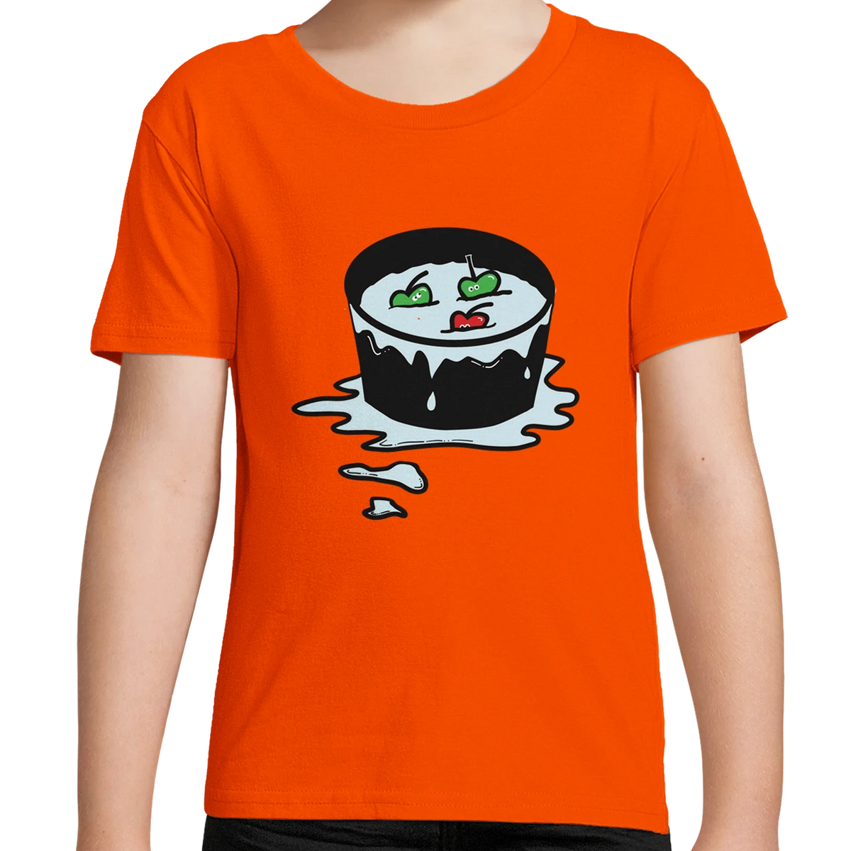 Kids organic cotton T-shirt in yellow-orange with cartoon pizza-slice graphic on front for Halloween