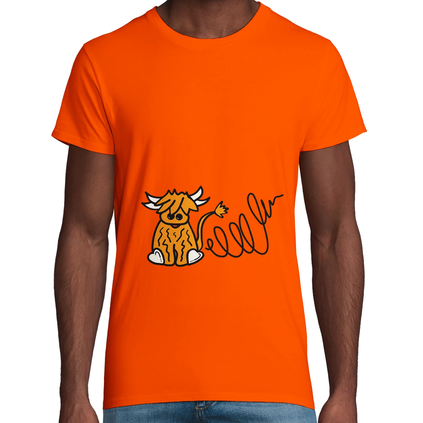 Orange Organic Highland Cow Adult T-Shirt UK | Hand-Drawn in Scotland