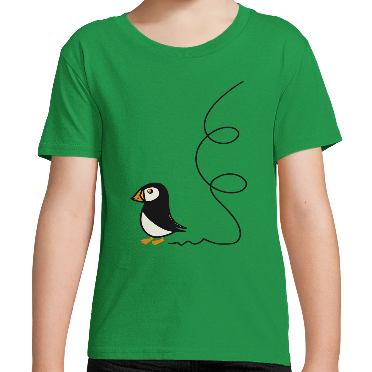 Green Organic Puffin Kids T-Shirt UK | Hand-drawn in Scotland