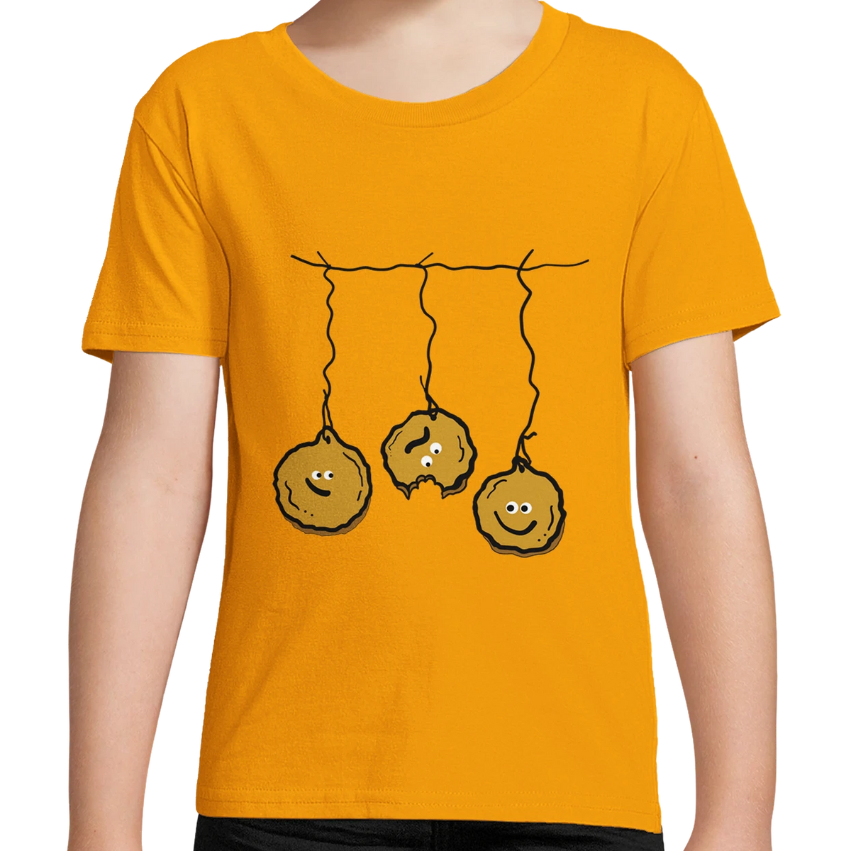 Kids organic cotton T-shirt, sunshine yellow, pancake string graphic front for Halloween