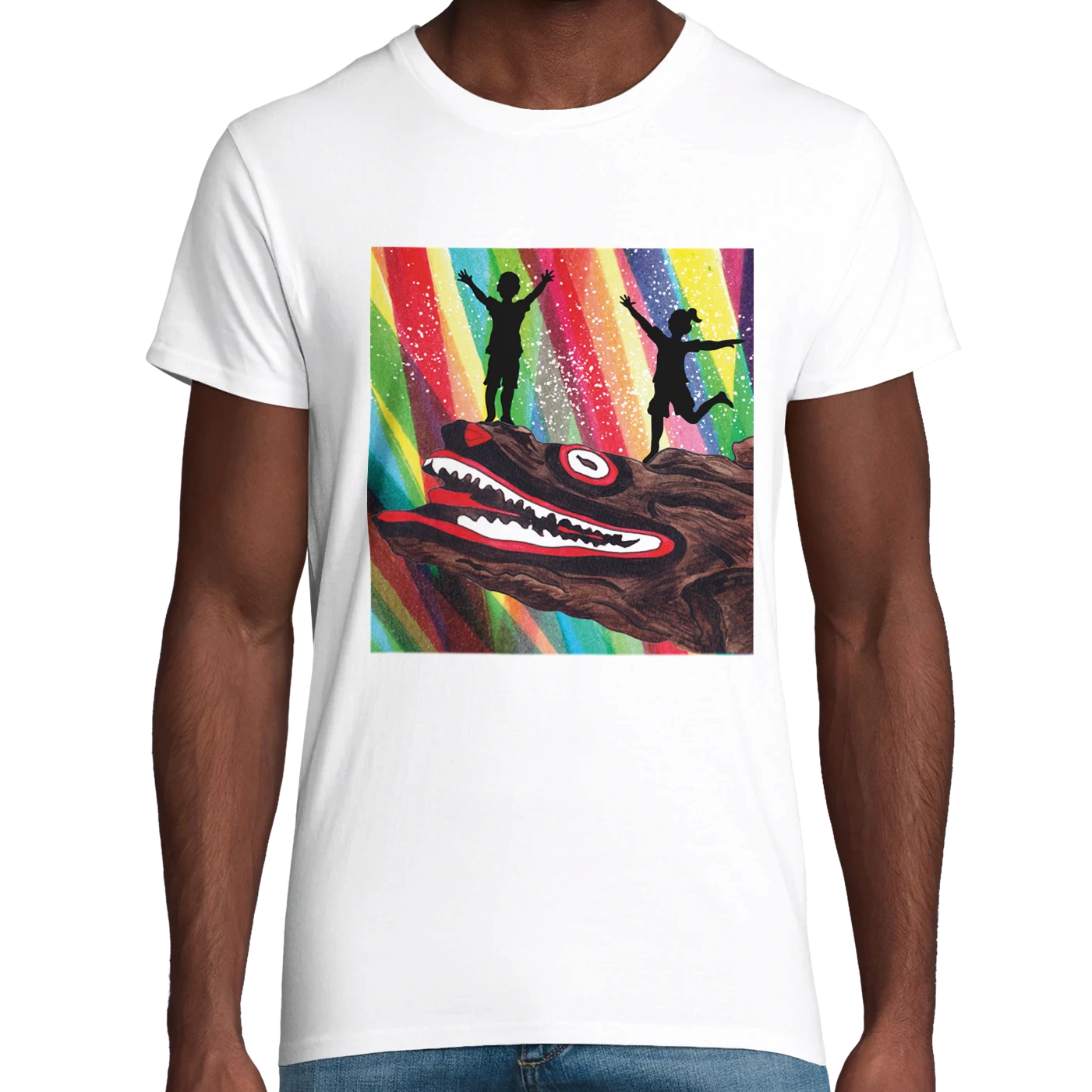 White Organic Mllport Crocodile Rock Rainbow Adult T-Shirt UK | Hand-drawn in Scotland