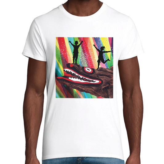 White Organic Mllport Crocodile Rock Rainbow Adult T-Shirt UK | Hand-drawn in Scotland
