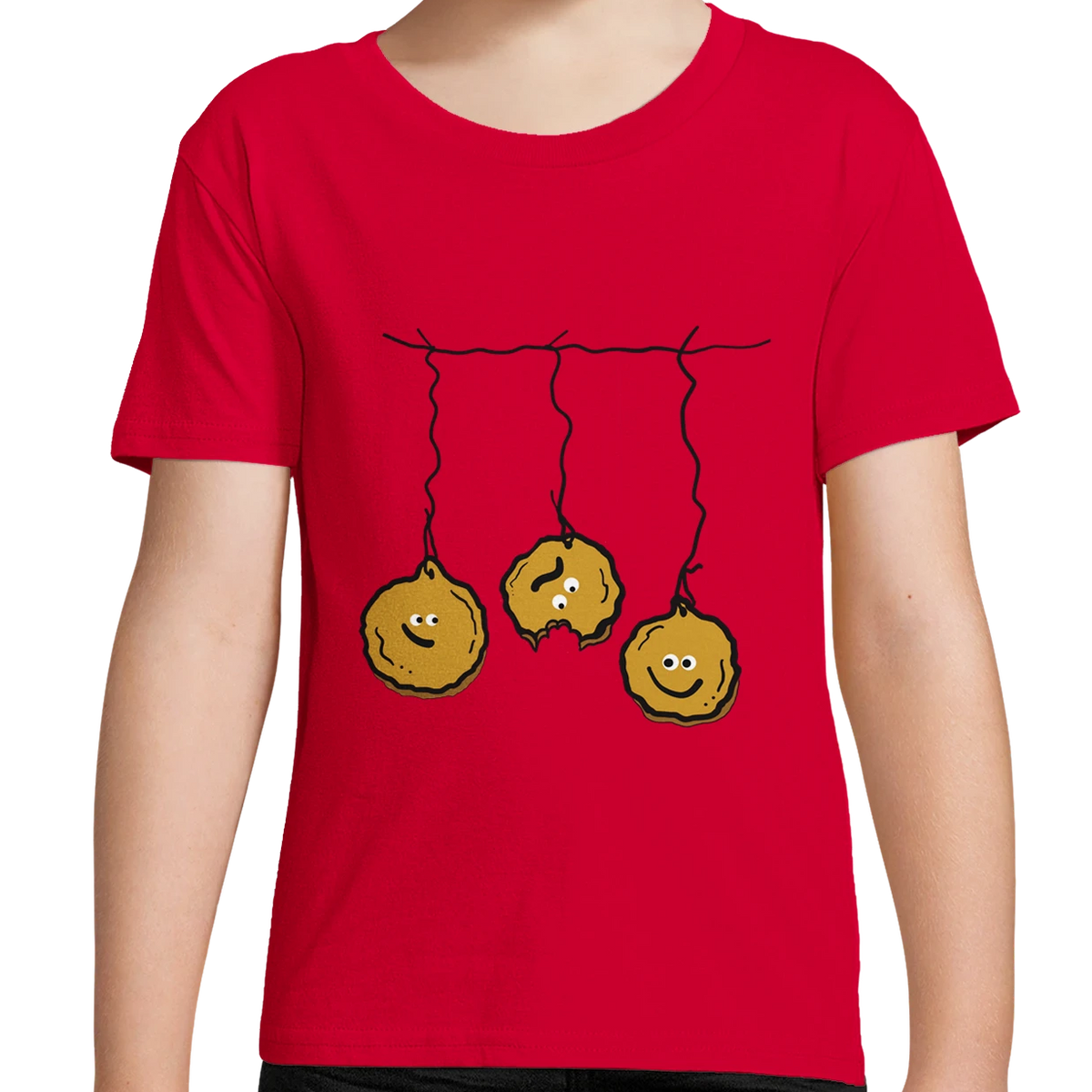 Kids organic cotton T-shirt, ladybird red, three pancakes on a string graphic for Halloween