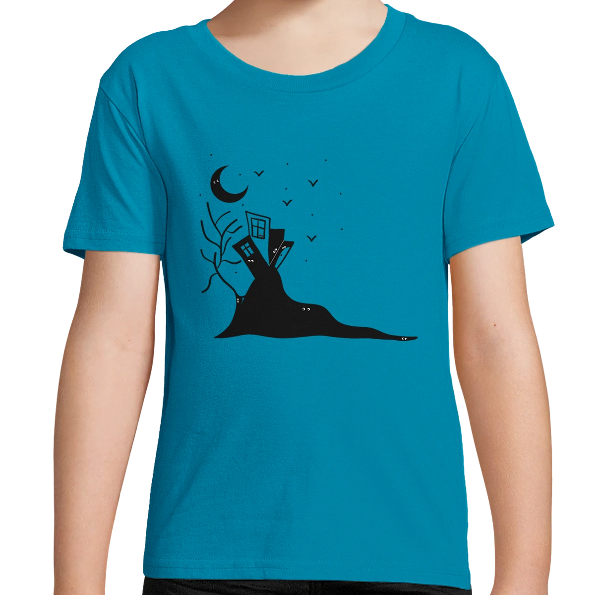 Kids organic cotton T-shirt, sky blue with black moon-and-castle hand graphic for Halloween