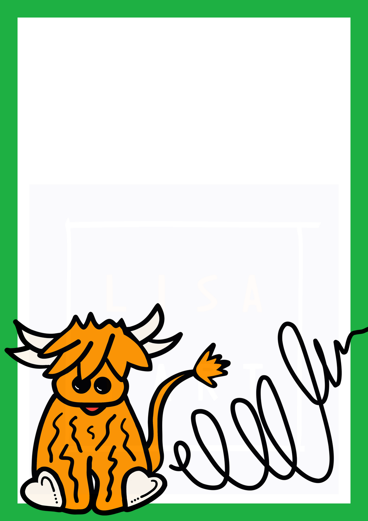 Highland cow giclée art print with black line art, white background, and green border