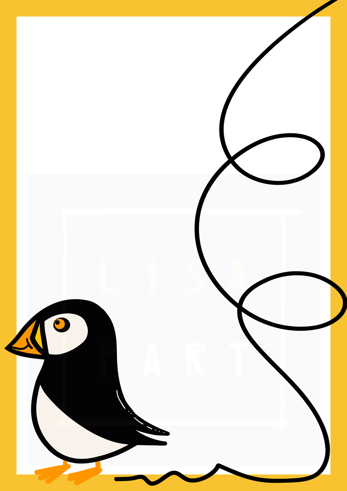 Puffin giclée art print with black line art, white background, and yellow border