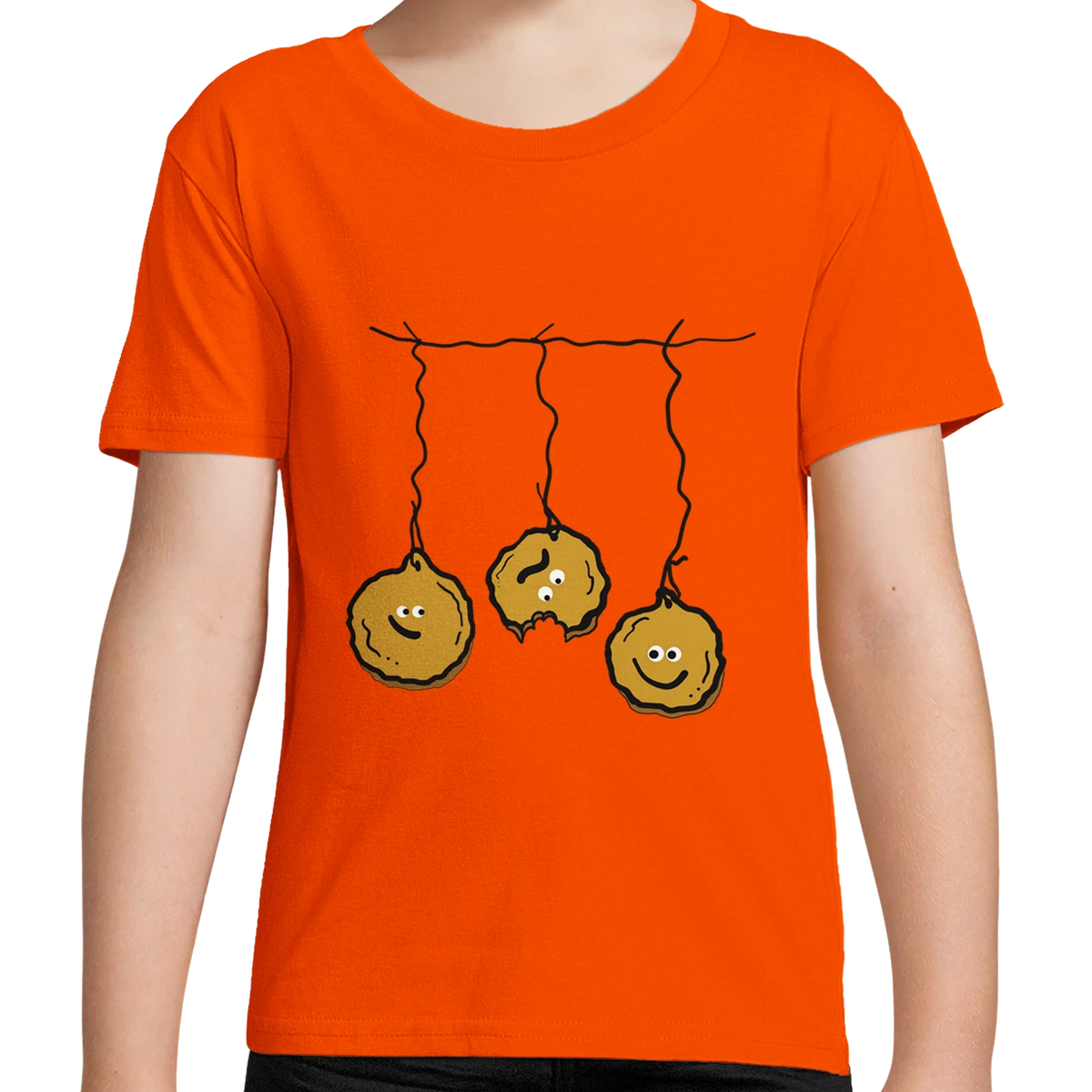 Kids organic cotton T-shirt, juicy orange, pancake string graphic on front for Halloween