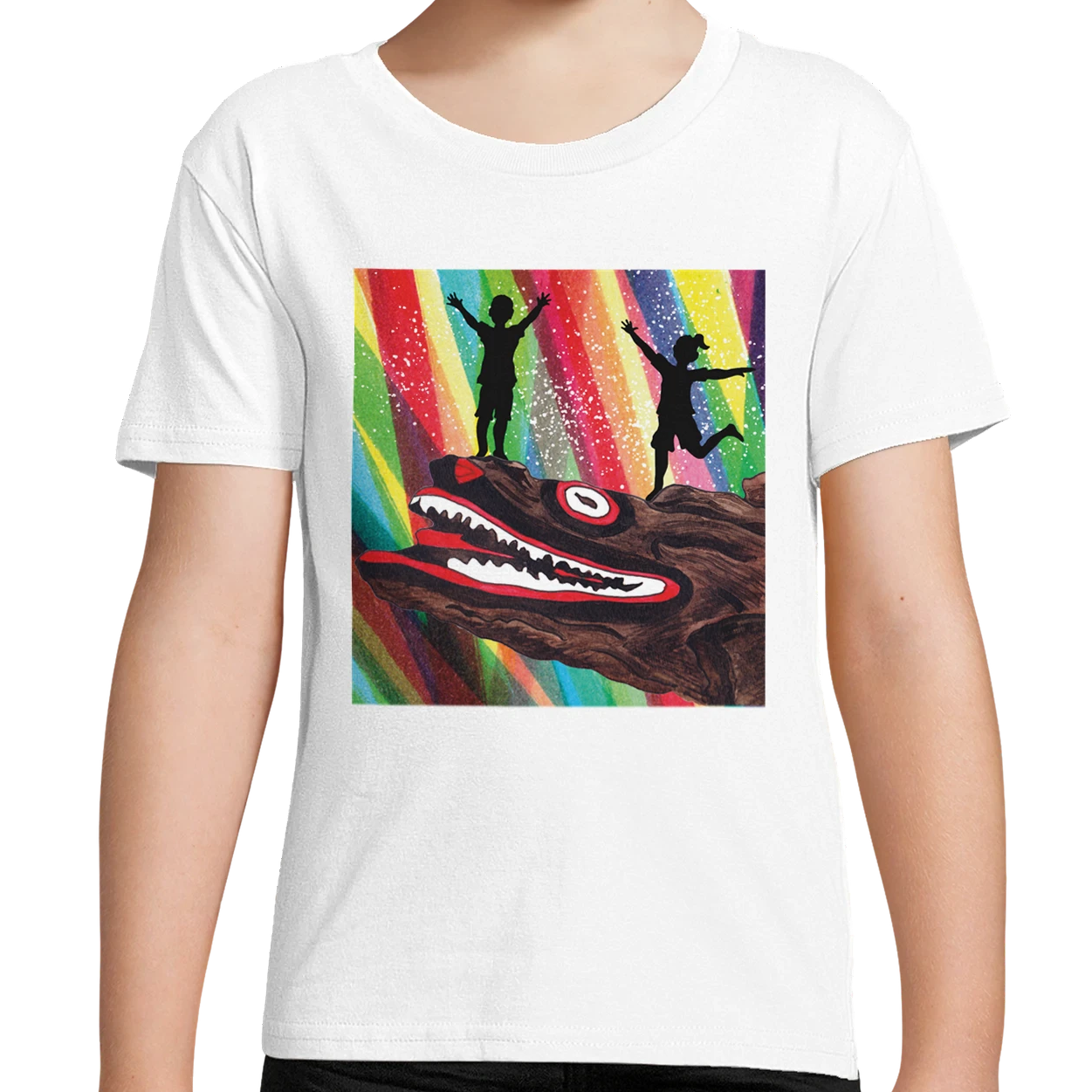 White Organic Mllport Crocodile Rock Rainbow Kids T-Shirt UK | Hand-drawn in Scotland