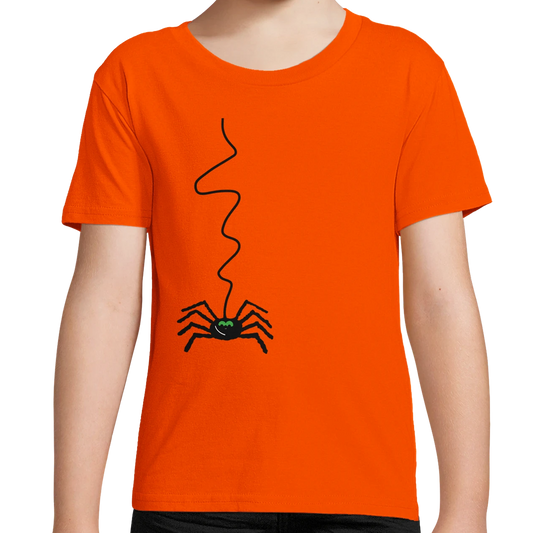 Kids organic cotton t-shirt in orange with spider graphic and crew neck - Bold Beasties and Halloween collections