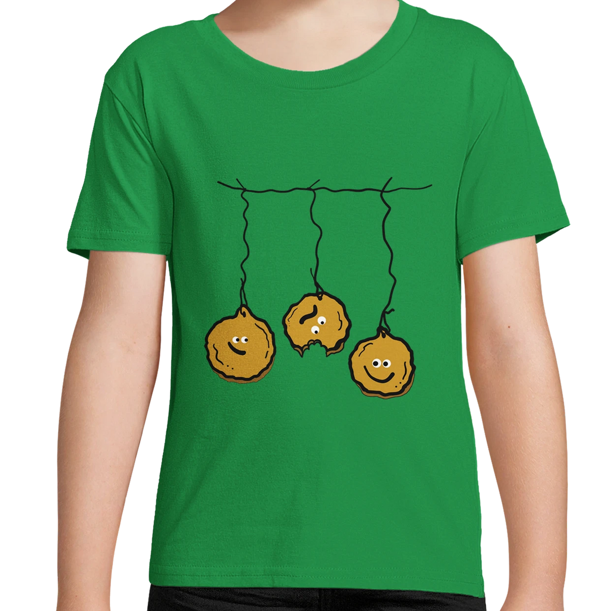Kids organic cotton T-shirt, grass green, smiley pancakes on a string graphic for Halloween