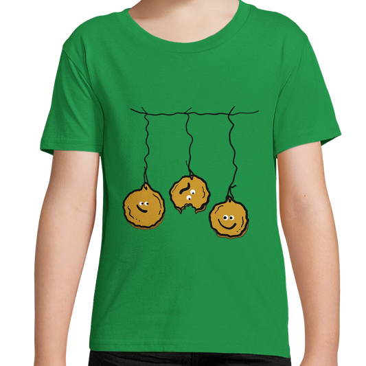 Kids organic cotton T-shirt, grass green, smiley pancakes on a string graphic for Halloween