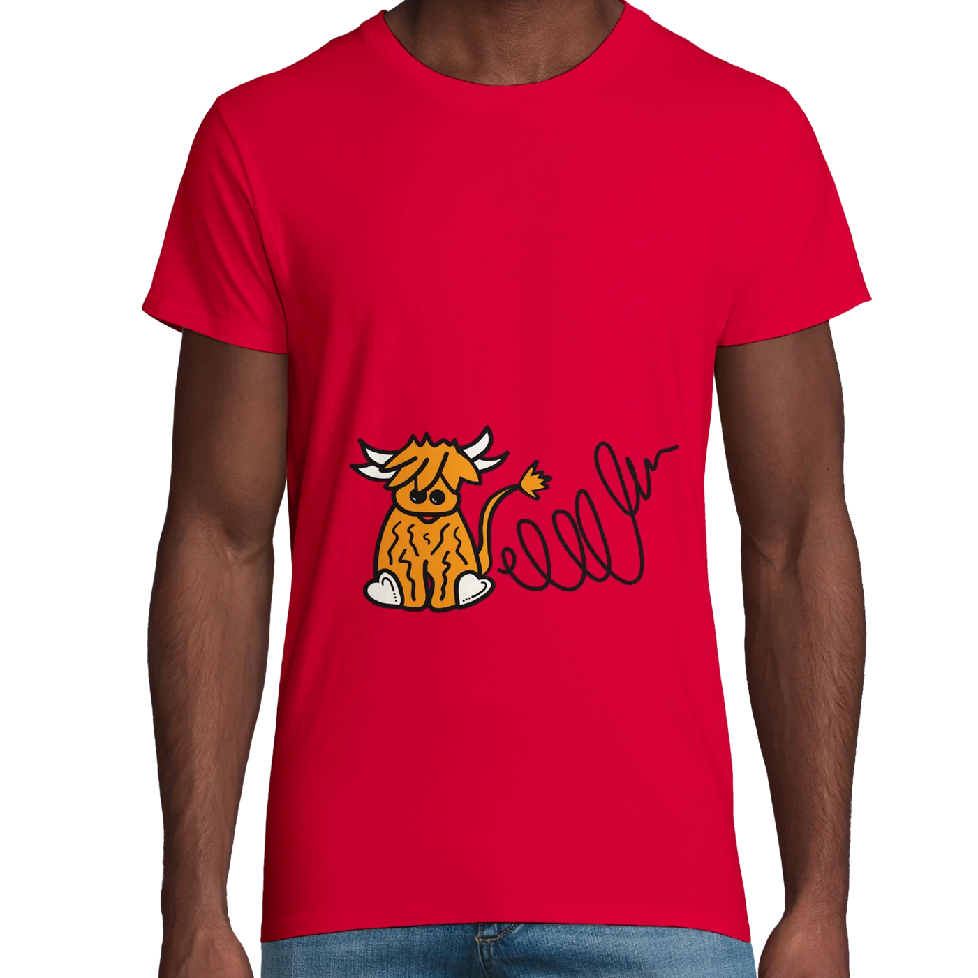 Red Organic Highland Cow Adult T-Shirt UK | Hand-Drawn in Scotland