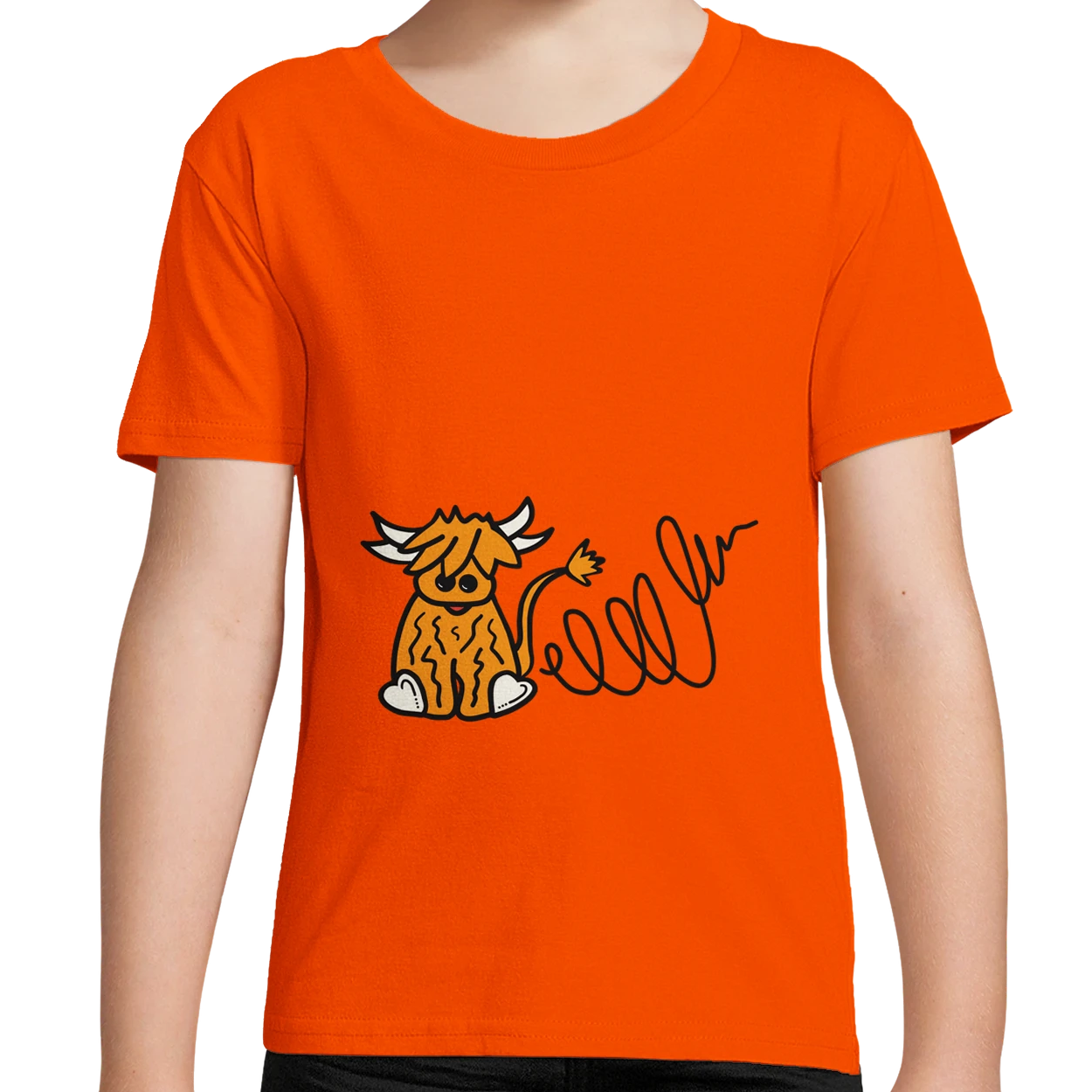 Orange Organic Highland Cow Kids T-Shirt UK | Hand-drawn in Scotland