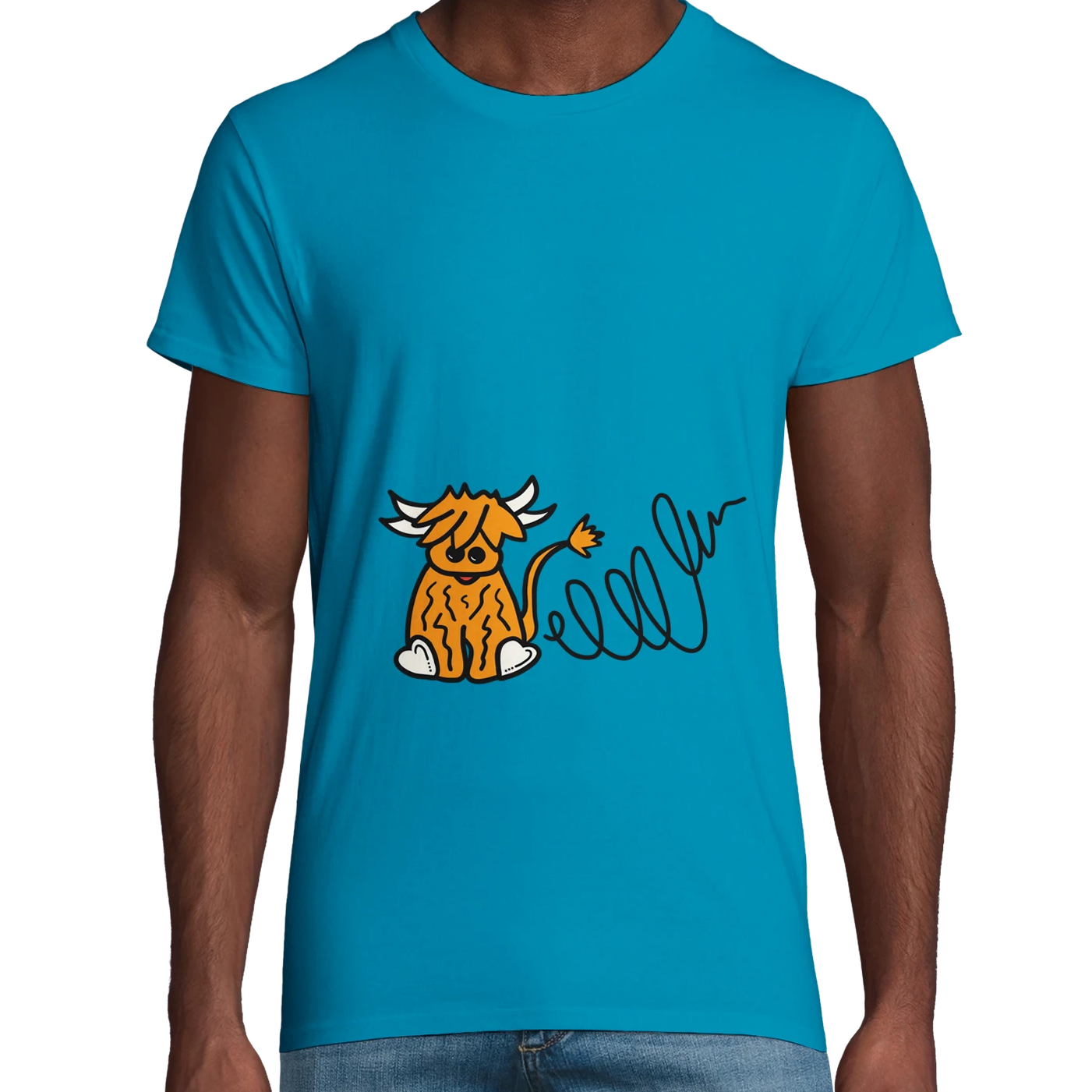 Blue Organic Highland Cow Adult T-Shirt UK | Hand-Drawn in Scotland