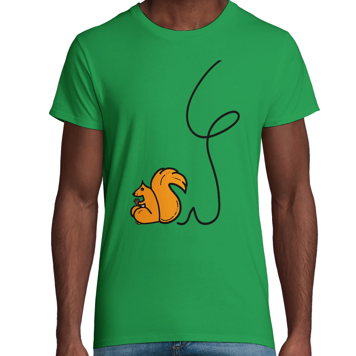 Green organic cotton adult t-shirt with red squirrel graphic and black line art