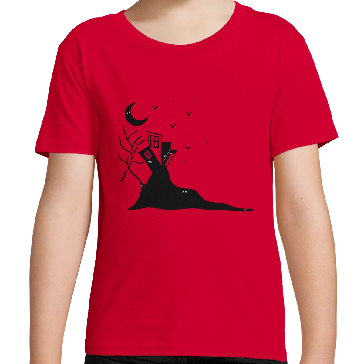 Kids organic cotton T-shirt, ladybird red with black moon-and-castle hand graphic for Halloween