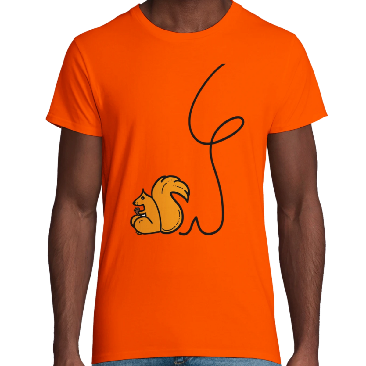 Orange organic cotton adult t-shirt with red squirrel graphic and black line art