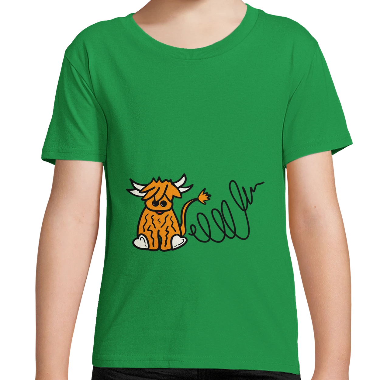 Green Organic Highland Cow Kids T-Shirt UK | Hand-drawn in Scotland